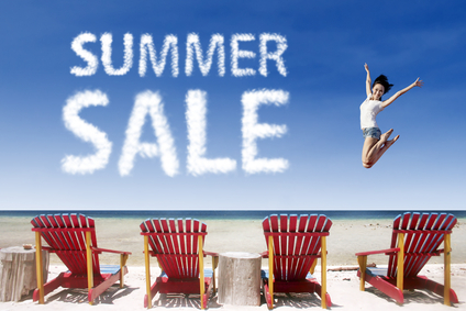 Advertising summer sale jump over beach chairs