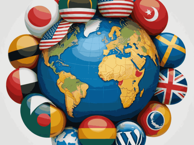 Incorporate-the-WordPress-logo-surrounded-by-globe-icons-and-flags-representing-various-languages-to-emphasize-the-multilingual-capability
