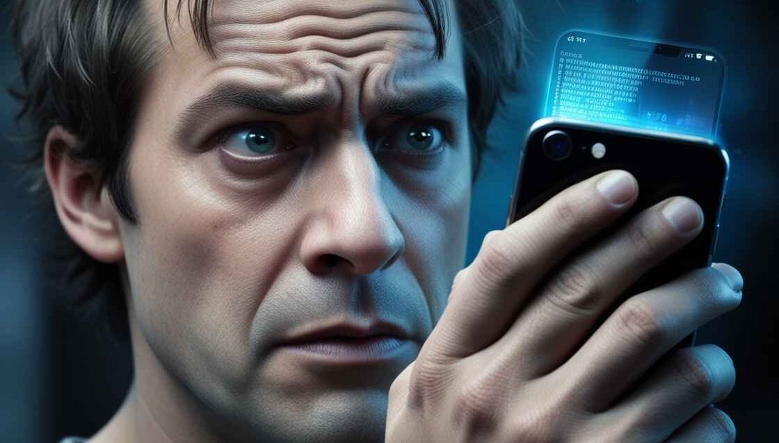 A-close-up-image-of-a-persons-hand-gripping-their-smartphone-with-a-mixture-of-concern-and-paranoia-etched-on-their-face