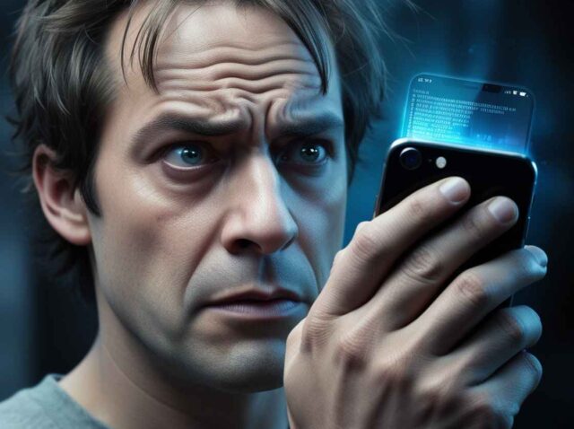 A-close-up-image-of-a-persons-hand-gripping-their-smartphone-with-a-mixture-of-concern-and-paranoia-etched-on-their-face