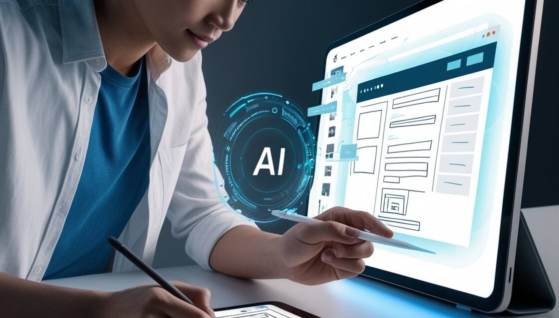 A-digital-art-piece-showing-a-human-designer-and-an-AI-interface-working-together