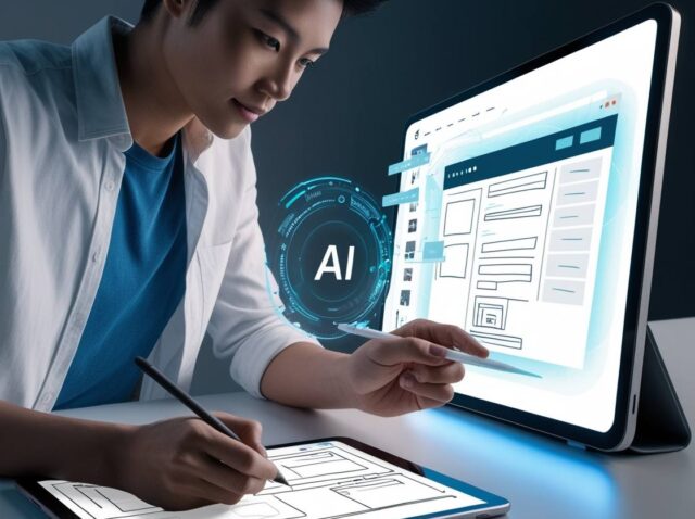 A-digital-art-piece-showing-a-human-designer-and-an-AI-interface-working-together