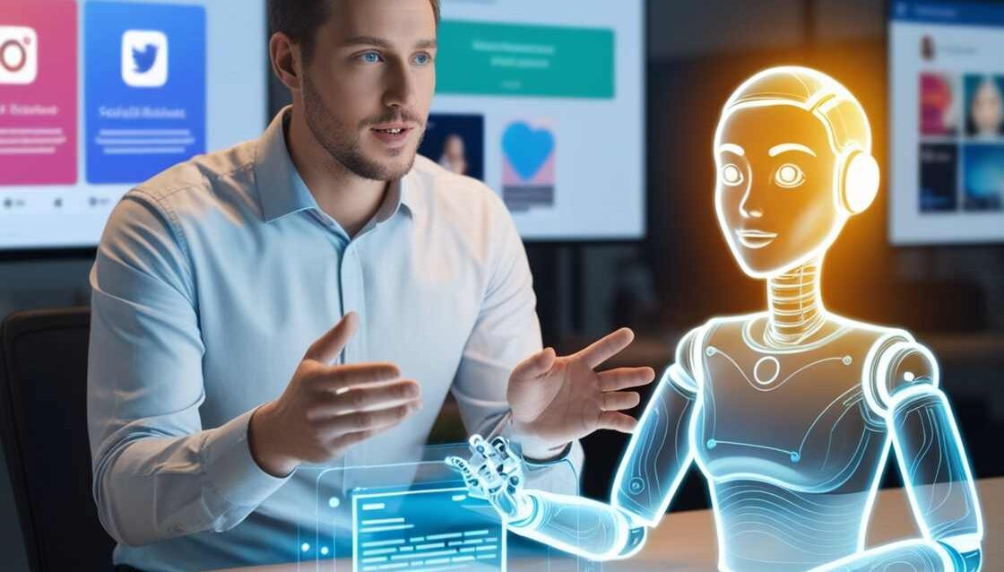 A-digital-marketer-briefing-an-AI-represented-as-a-glowing-futuristic-team-member