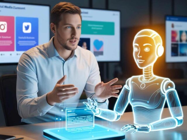 A-digital-marketer-briefing-an-AI-represented-as-a-glowing-futuristic-team-member