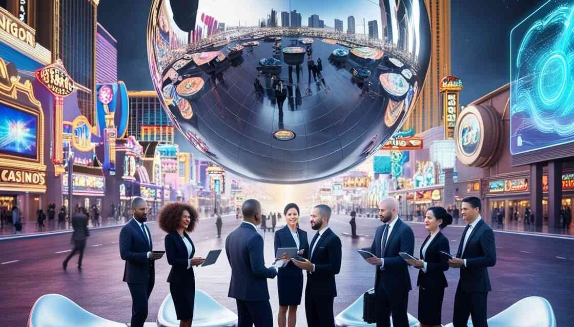 Las-Vegas-strip-with-a-massive-gleaming-chromed-sphere