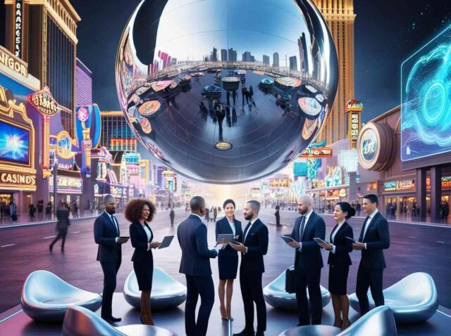 Las-Vegas-strip-with-a-massive-gleaming-chromed-sphere