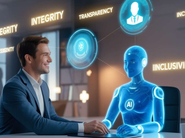 A-futuristic-scene-of-a-human-sitting-at-a-desk-interacting-with-a-glowing-holographic-AI-assistant