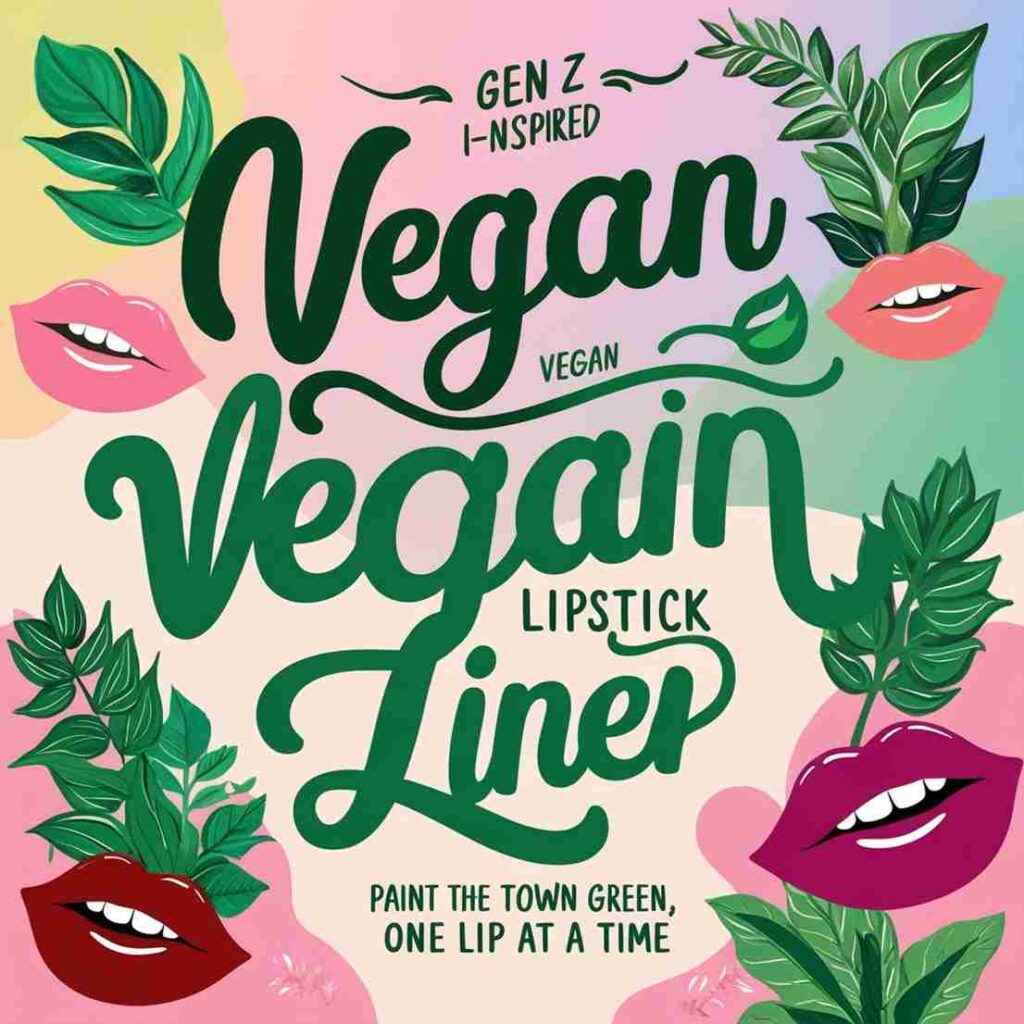 A trendy Gen Z marketing poster for a vegan lipstick line, bold and quirky typography, vibrant colors, and playful icons like plants and lips.