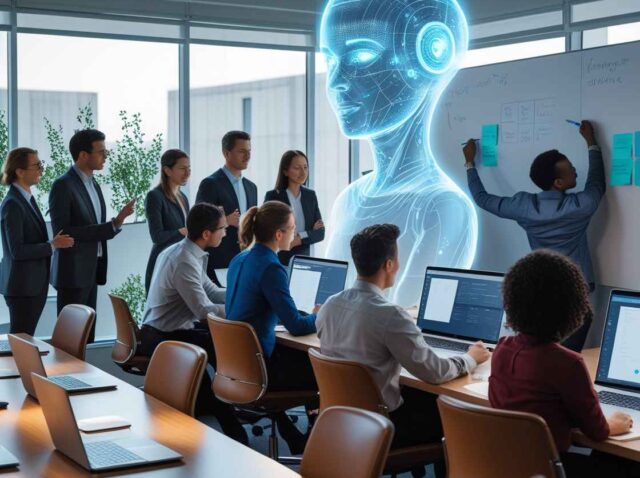 A-busy-office-environment-with-professionals-using-their-laptops-and-tablets-engaging-with-a-virtual-AI-assistant-projected-in-the-air