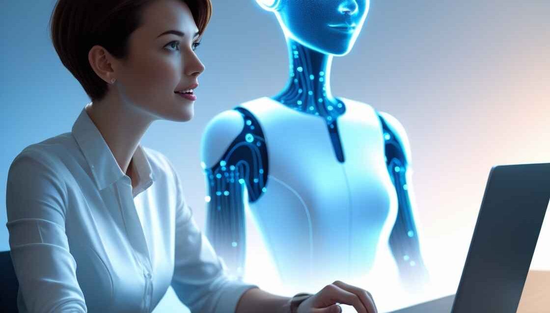 A-young-professional-sitting-at-a-desk-with-a-laptop-looking-curious-and-excited-while-an-AI-assistant-appears-as-a-glowing-hologram