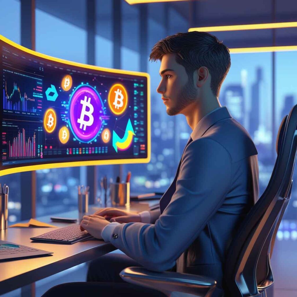a person sitting in a sleek workplace looking at a glowing screen with cryptocurrency symbols, digital graphs, and financial icons surrounding them