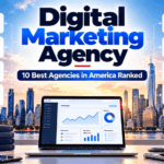 Digital marketing agency services including SEO, PPC, content, social media, email and web design over a city skyline