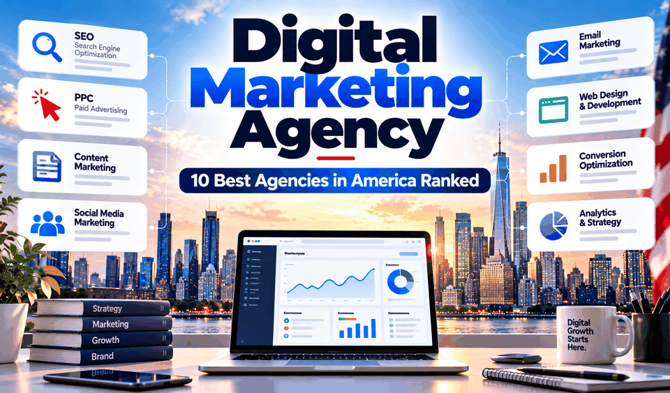 Digital Marketing Agency - 10 Best Agencies in America Ranked Digital marketing agency services including SEO, PPC, content, social media, email and web design over a city skyline