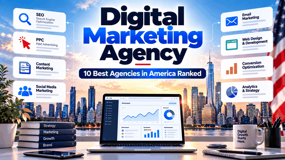 Digital Marketing Agency - 10 Best Agencies in America Ranked Digital marketing agency services including SEO, PPC, content, social media, email and web design over a city skyline
