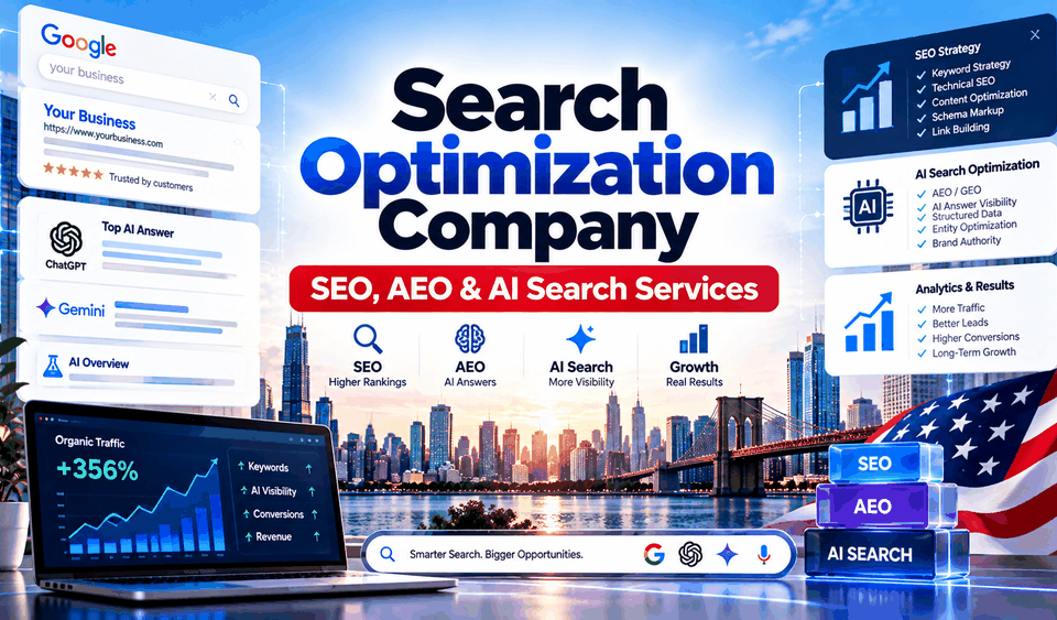 Search Optimization Company - SEO, AEO & AI Search Services Search optimization company services covering SEO, AEO and AI search visibility across Google, ChatGPT and Gemini