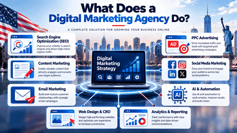 Infographic showing what a digital marketing agency does, from SEO and PPC to email, AI automation and analytics