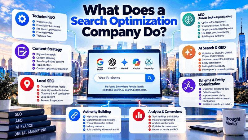 Infographic showing what a search optimization company does, from technical SEO and local SEO to AEO, AI search and analytics